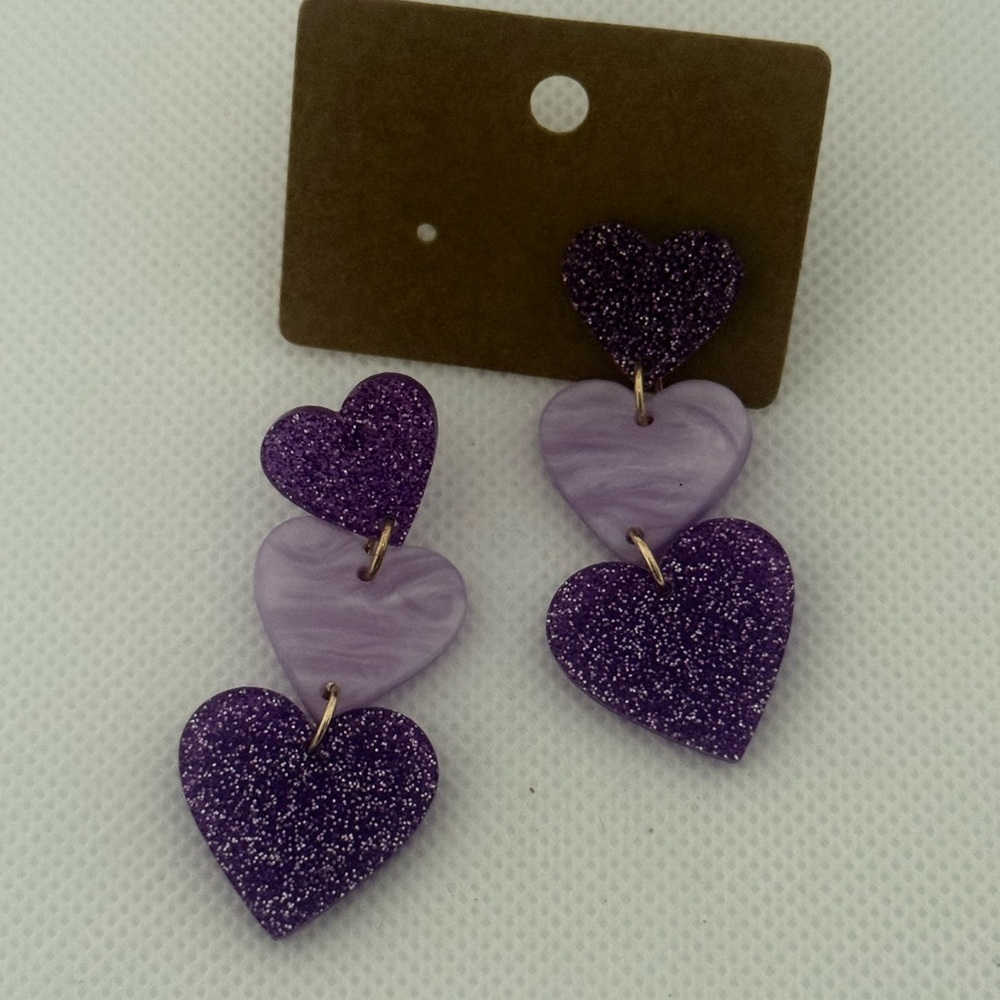 Purple Acrylic Heart Drop Earrings β Glitter & Marble Mix β NWT - Picture 2 of 6